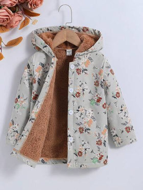 SHEIN Vintaside Kids معطف مقنع طباعة الأزهار بطباعة تيدي بنت طفل
