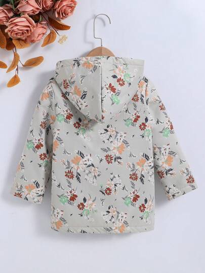 SHEIN Vintaside Kids معطف مقنع طباعة الأزهار بطباعة تيدي بنت طفل