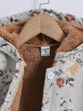 SHEIN Vintaside Kids معطف مقنع طباعة الأزهار بطباعة تيدي بنت طفل