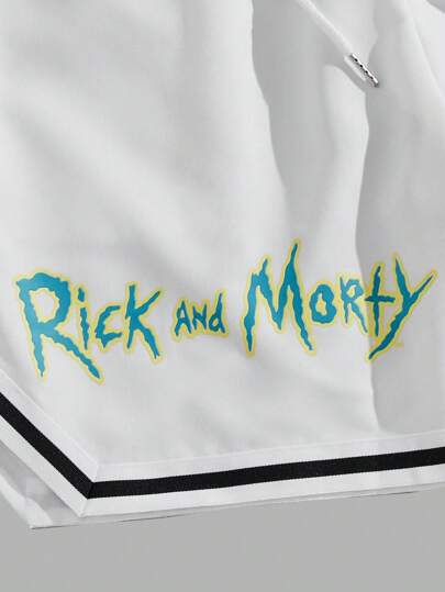 ROMWE MEN Rick and Morty | ROMWE شورت بسحاب خصر الرسوم المتحركة والحروف للرجال، خط التباين، للكرة السلة، المدرسة