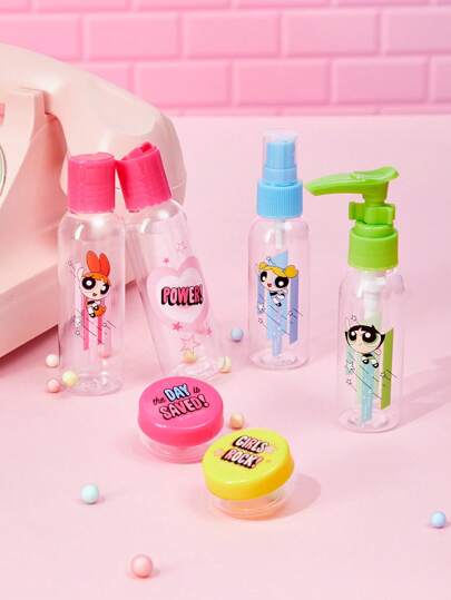 THE POWERPUFF GIRLS X SHEIN 6 قطع زجاجة رذاذ طقم للسفر أو DIY قابل لإعادة التعبئة سائل حاوية