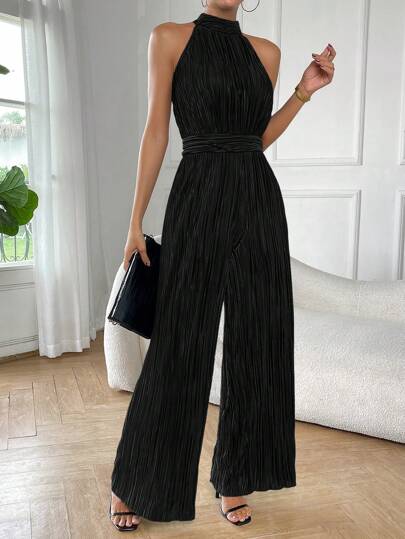 SHEIN Essnce بدسويت بساق واسع موحدة اللون رسن عنق متجعد