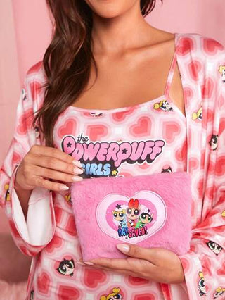 THE POWERPUFF GIRLS X  حقيبة مكياج مخملية وردية بنمط قلب ، حقيبة سفر قابلة للغلق بسحاب بطباعة بأنماط قلوب كرتونية مطرزة ، حقيبة متعددة الاستخدامات ، هدية