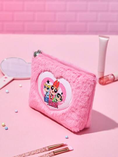 THE POWERPUFF GIRLS X  حقيبة مكياج مخملية وردية بنمط قلب ، حقيبة سفر قابلة للغلق بسحاب بطباعة بأنماط قلوب كرتونية مطرزة ، حقيبة متعددة الاستخدامات ، هدية