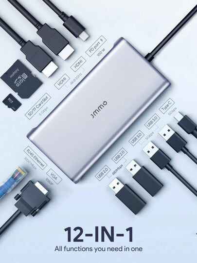 JMMO محور USB C ، محول متعدد الاستخدامات 12 في 1 ، يحتوي على منفذ USB C و 2 منفذ HDMI متوافق ، و 2 منفذ USB 3.0 ، و 2 منفذ USB 2.0 ، و منفذ إثرنت ، و منفذ VGA ، و قارئ بطاقة ميكرو SD/SD ، و منفذ PD ، ومنفذ Type C للأجهزة التي تعمل بتقنية Type-C