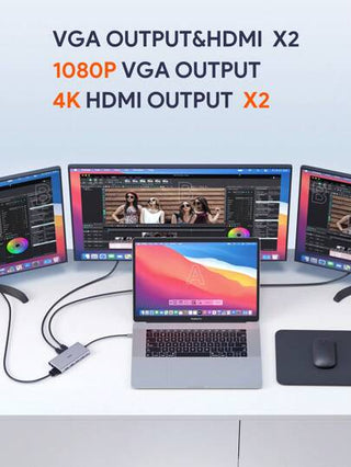 JMMO محور USB C ، محول متعدد الاستخدامات 12 في 1 ، يحتوي على منفذ USB C و 2 منفذ HDMI متوافق ، و 2 منفذ USB 3.0 ، و 2 منفذ USB 2.0 ، و منفذ إثرنت ، و منفذ VGA ، و قارئ بطاقة ميكرو SD/SD ، و منفذ PD ، ومنفذ Type C للأجهزة التي تعمل بتقنية Type-C