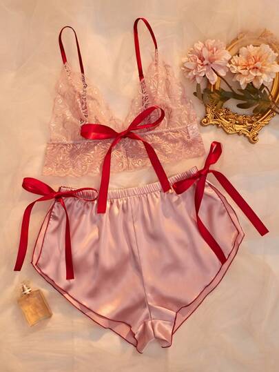 Seduluxe دانتيل صدرية كامي & ربطة جانبي بنطلون قصير طقم بيجامة