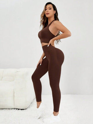 SHEIN Sport Studio طقم رياضي للنساء بتصميم رياضي خالي من الظهر وبمطاطية عالية، دون شي