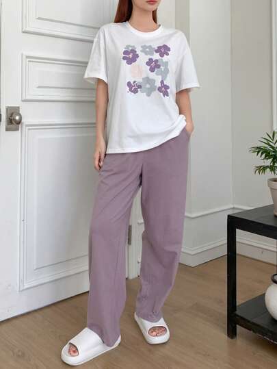DAZY طقم بيجامة مكون من تي شيرت بطبعة زهرية وبنطلون بياقة منسدلة