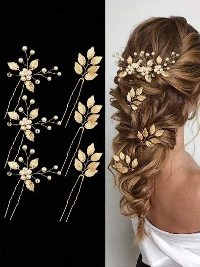 6pcs / مجموعة دبابيس شعر لون ذهبي للسيدات معدنية مزينة بأوراق وزهور ، مثالية للعروس ، حفل الزفاف والحفلات الأنيقة