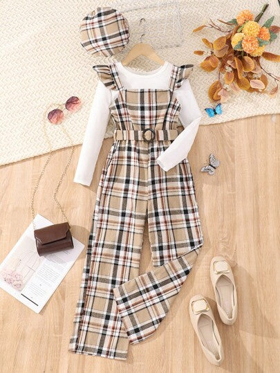 girls-sets بنت طفل طباعة مربع النقش مقلم بكشكش جمبسوت & قبعة & تي شيرت بلون موحد