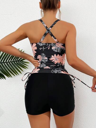 Swim Lushoire تانكيني جانبي قطني مع رباط جانبي وطباعة زهور شاطئية للصيف