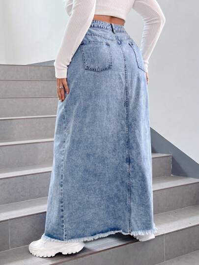 EZwear تنورة دنيم خصر عالي مقلم بخام فتحة للفخذ مقاس كبير