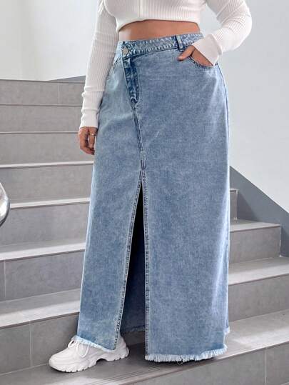 EZwear تنورة دنيم خصر عالي مقلم بخام فتحة للفخذ مقاس كبير