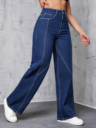 SHEIN EZwear جينز بساق مستقيم شريط منسوج
