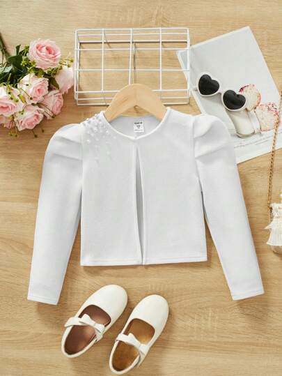SHEIN جاكيت مطرز بلؤلؤ تفاصيل اكمام منتفخة بنت طفل
