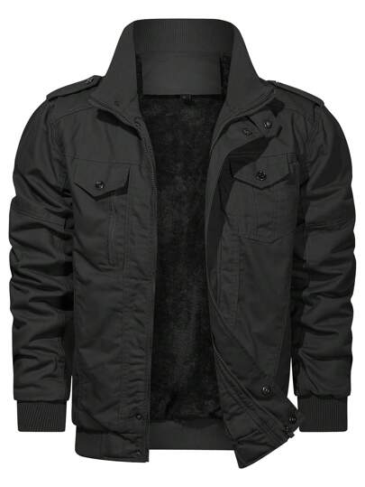 Manfinity Homme معطف شتوي فضفاض لخروج الأصدقاء، مبطن بالفرو ذو جيوب على الصدر، مناسب كهدية للأصدقاء والزوج والصديق