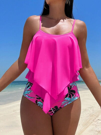 طقم تانكيني حريمي Swim Lushoire تانكيني بطبعة شاطئ صيفية استوائية مع حاشية عبارة عن منديل