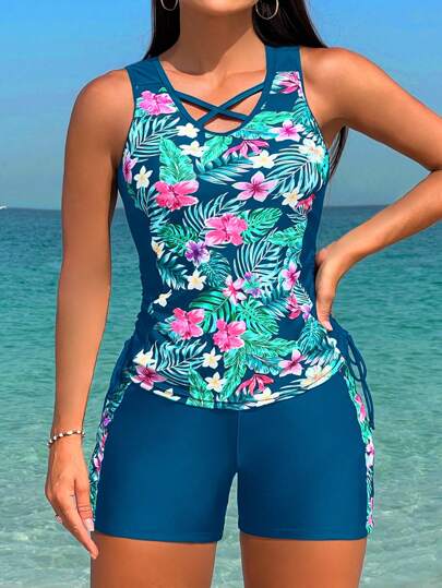 طقم تانكيني حريمي Swim تانكيني بسحاب جانبي بأربطة متشابكة وبطبعة استوائية شاطئية صيفية