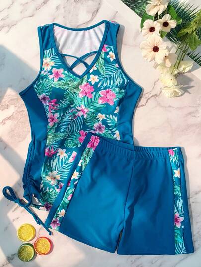 طقم تانكيني حريمي Swim تانكيني بسحاب جانبي بأربطة متشابكة وبطبعة استوائية شاطئية صيفية