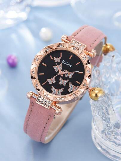 6 قطع فاخر طقم ساعة للنساء , مشتمل خاتم , قلادة , اقراط و سوار , مع فراشة جلد صناعي حزام , ساعات كوارتز بدون صندوق