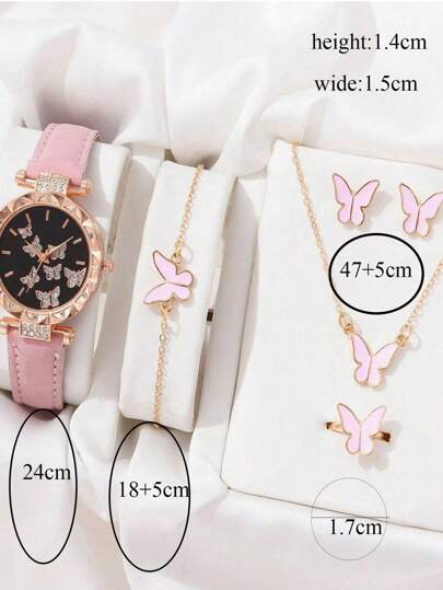 6 قطع فاخر طقم ساعة للنساء , مشتمل خاتم , قلادة , اقراط و سوار , مع فراشة جلد صناعي حزام , ساعات كوارتز بدون صندوق