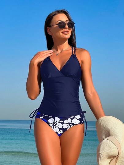 طقم تانكيني حريمي Swim Lushoire تانكيني برباط جانبي بطبعة زهور الصيفية للشاطئ