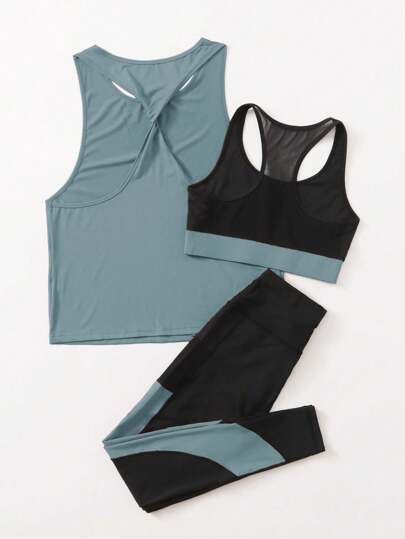 SHEIN Sport Studio 3 قطع طقم رياضي بتصميم ألوان متداخلة للنساء