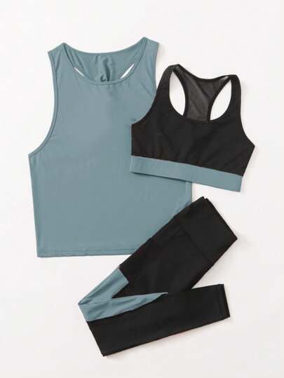 SHEIN Sport Studio 3 قطع طقم رياضي بتصميم ألوان متداخلة للنساء