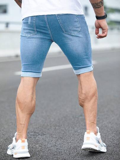 Manfinity Homme شورتات جينز للرجال مبهتة مشروخة بغسلة فاتحة