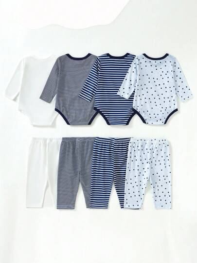 SHEIN Playful Pals طقم بدلة كاجوال يومية مكون من 8 قطع للأطفال الرضع، بادي مطبوع بطباعة الديناصور والحروف مع بنطلون مطبوع بالديناصور
