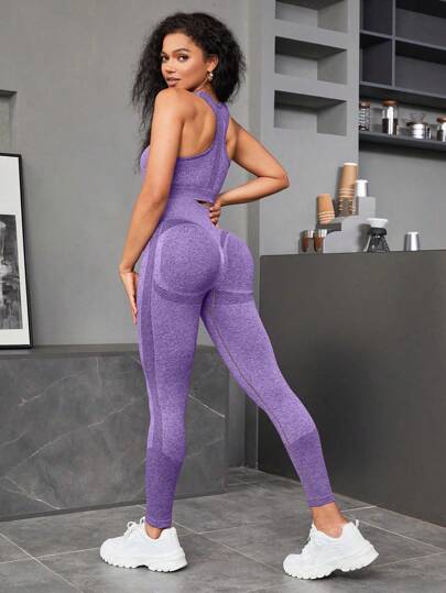 SHEIN Sport Studio بدلة رياضية نسائية خالية من التفاصيل عالية المطاطية تحتوي على سروال رياضي وصدرية رياضية