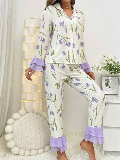 CottageSlumber طقم بيجامة بأكمام واسعة مزخرفة بالزهور وذيل مكشكش، موسم العطلات الزهور الوفيرة والبهاء، ملابس خريف وشتاء دافئة وأنيقة
