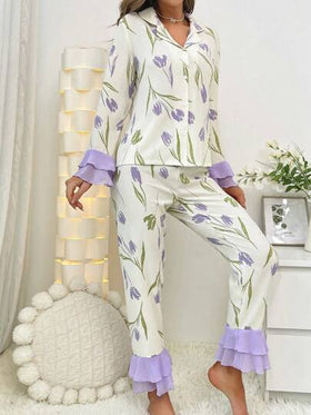 CottageSlumber طقم بيجامة بأكمام واسعة مزخرفة بالزهور وذيل مكشكش، موسم العطلات الزهور الوفيرة والبهاء، ملابس خريف وشتاء دافئة وأنيقة