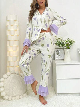 CottageSlumber طقم بيجامة بأكمام واسعة مزخرفة بالزهور وذيل مكشكش، موسم العطلات الزهور الوفيرة والبهاء، ملابس خريف وشتاء دافئة وأنيقة