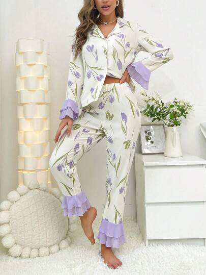 CottageSlumber طقم بيجامة بأكمام واسعة مزخرفة بالزهور وذيل مكشكش، موسم العطلات الزهور الوفيرة والبهاء، ملابس خريف وشتاء دافئة وأنيقة