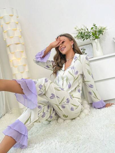 CottageSlumber طقم بيجامة بأكمام واسعة مزخرفة بالزهور وذيل مكشكش، موسم العطلات الزهور الوفيرة والبهاء، ملابس خريف وشتاء دافئة وأنيقة