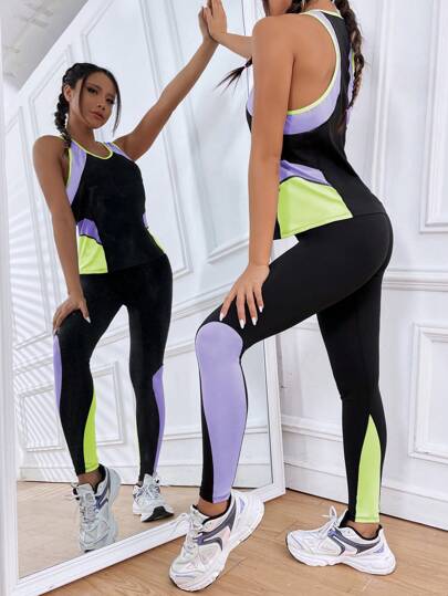 SHEIN Sport Studio مجموعة رياضية من القطع المتداخلة الألوان ظهر لاعب ، مجموعة تمرينات ، مجموعة بدلة تمارين نسائية ، مجموعة سروال تمرين نسائية