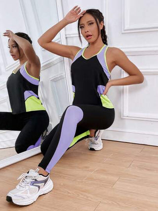 SHEIN Sport Studio مجموعة رياضية من القطع المتداخلة الألوان ظهر لاعب ، مجموعة تمرينات ، مجموعة بدلة تمارين نسائية ، مجموعة سروال تمرين نسائية