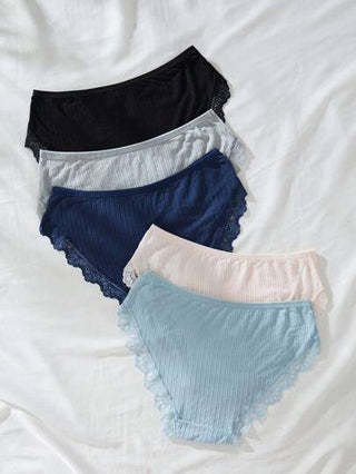 Shein Underwear&Sleepwear Basics سروال داخلي للنساء مقلم دانتيل مثلث 5قطعات/طقم