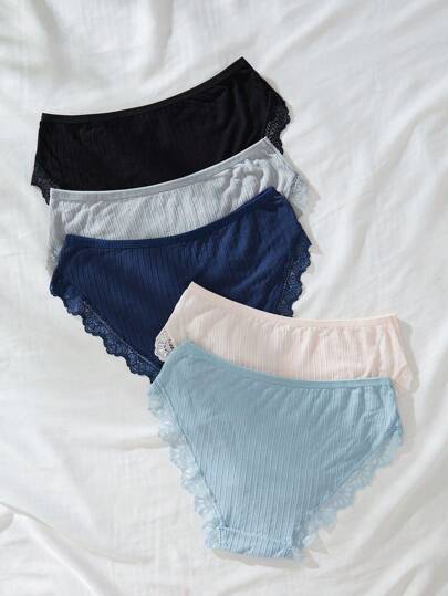 Shein Underwear&Sleepwear Basics سروال داخلي للنساء مقلم دانتيل مثلث 5قطعات/طقم
