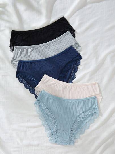 Shein Underwear&Sleepwear Basics سروال داخلي للنساء مقلم دانتيل مثلث 5قطعات/طقم