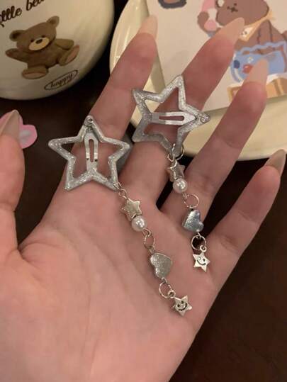 زوج من مشابك الشعر بشكل نجمة مع سلسلة ودبوس شعر جانبي، اكسسوارات شعر عصرية من نوع Y2K، مشابك شعر، أدوات مدرسية، اكسسوارات شعر، اكسسوارات رأس