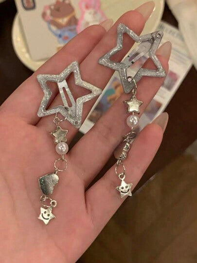 زوج من مشابك الشعر بشكل نجمة مع سلسلة ودبوس شعر جانبي، اكسسوارات شعر عصرية من نوع Y2K، مشابك شعر، أدوات مدرسية، اكسسوارات شعر، اكسسوارات رأس