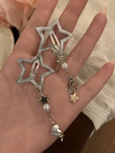 زوج من مشابك الشعر بشكل نجمة مع سلسلة ودبوس شعر جانبي، اكسسوارات شعر عصرية من نوع Y2K، مشابك شعر، أدوات مدرسية، اكسسوارات شعر، اكسسوارات رأس