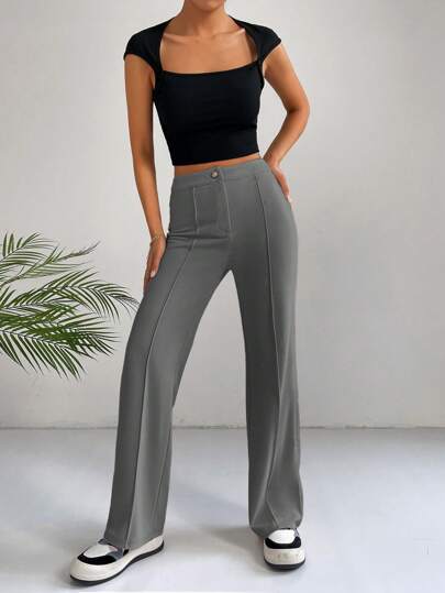 EZwear بنطلون بشكل واسع الساق بتفاصيل قصة خياطة للربيع بلون أسود