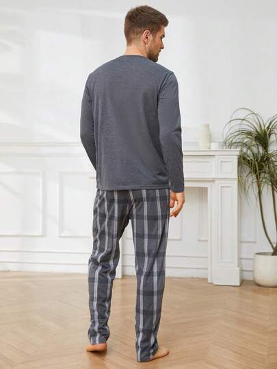 بيجامة رجالية مكونة من ملابس علوية مع جيب وبنطلون مطبوع بنقشة المربعات، ملابس شتوية