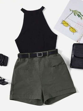 SHEIN Essnce لباس علوي رسن & بنطلون قصير بدون حزام