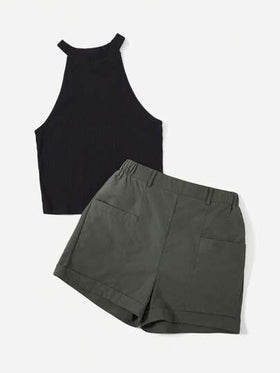 SHEIN Essnce لباس علوي رسن & بنطلون قصير بدون حزام