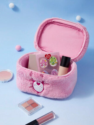 X Care Bears حقيبة تجميل كبيرة السعة بتصميم دب الرعاية الوردي الرقيق المخملي ، تصميم كارتوني مع مقبض ،هدية